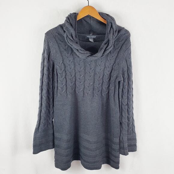 Chelsea & Theodore Sweater Dress Women L Grey Cable Knit Bell Sleeve Roll Neck - Picture 2 of 6